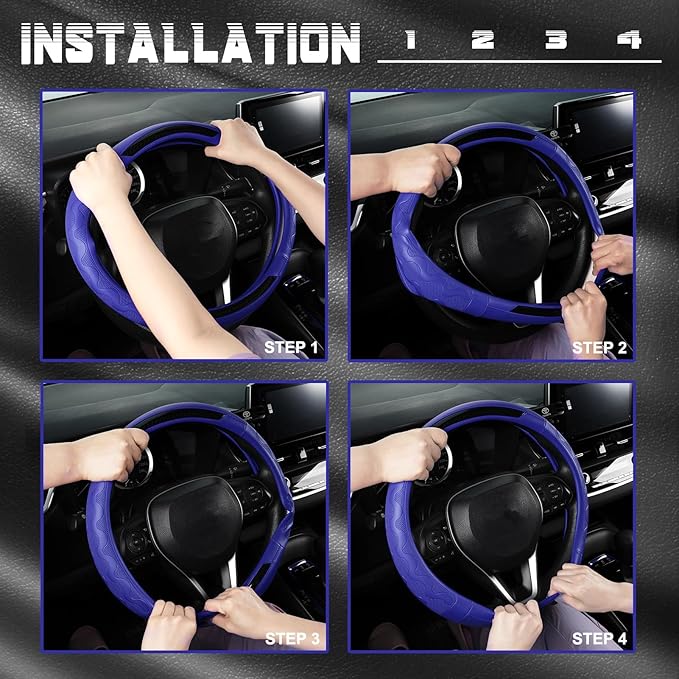 SEG Direct Car Steering Wheel Cover Medium Size 14 1/2"-15" Embossed Microfiber Leather with Carbon Fiber Pattern Blue