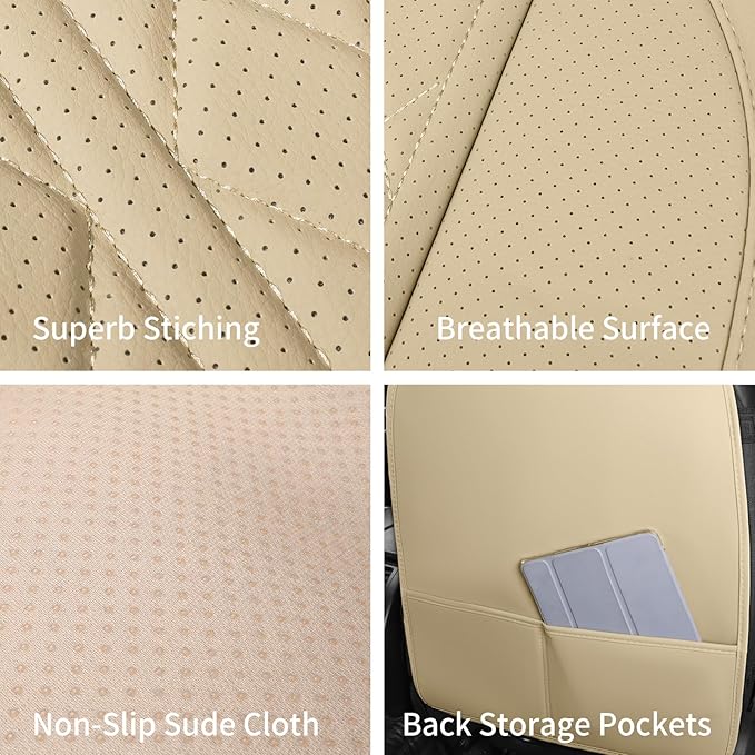 Leather Automotive Seat Covers Universal Fit for Cars, SUV, Sedans, Anti-Slip & Breathable (Beige, Full Set)