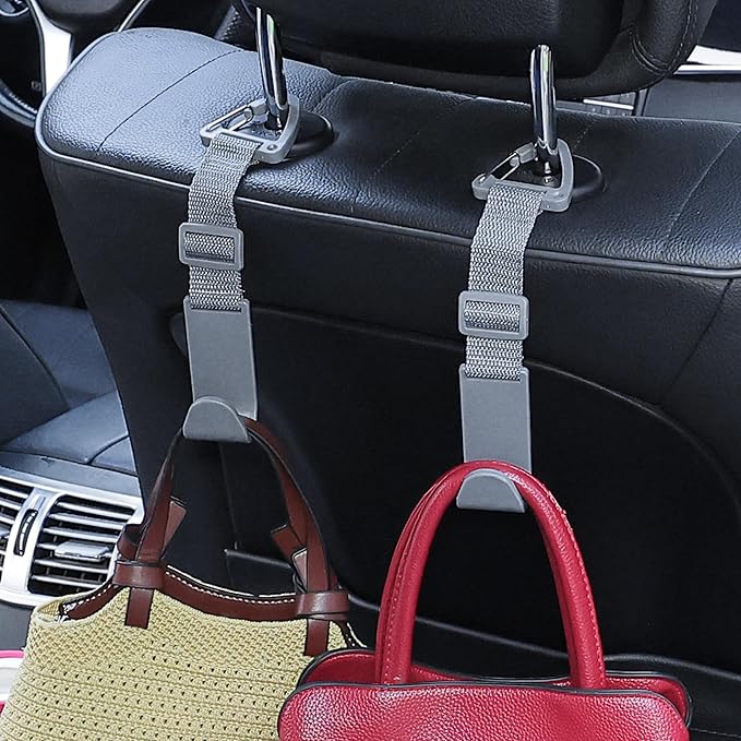 Amooca Headrest Hooks for Car Adjustable 4 Pack Vehicle Seat Back Organizer Storage Hanger Holder for Purse Bags Universal Fit with Clip Gray