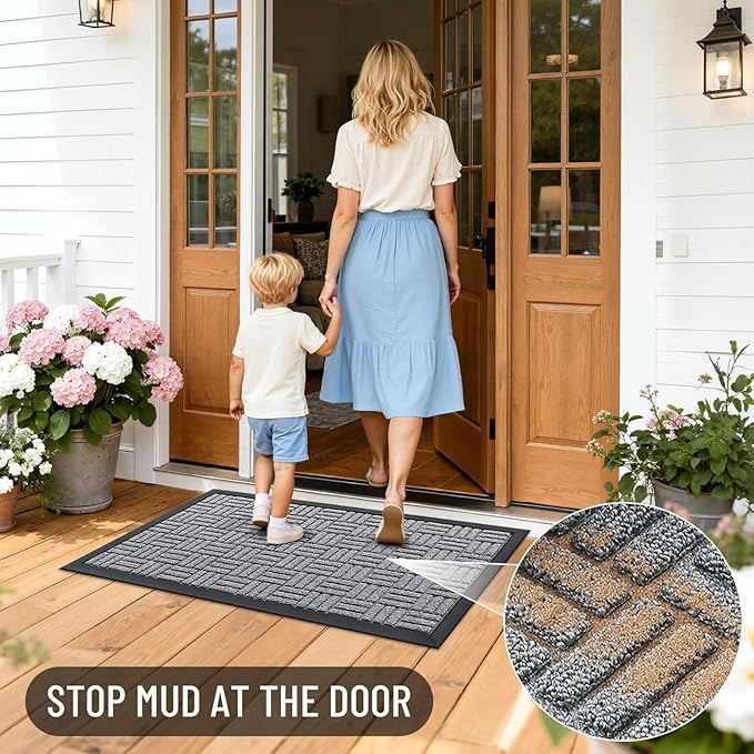 OLANLY Front Door Mat Outside Entrance 33x21, Absorbent, Heavy Duty Sturdy Natural Rubber Doormat Indoor Outdoor, Non-Slip, Stain and Fade Resistant, Low Profile Floor Mat for Entryway, Charcoal Gray