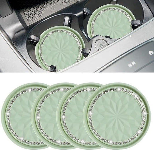 Amooca Car Cup Coaster 4 Pack Universal Non-Slip Cup Holders Insert Coasters Bling Crystal Rhinestone Car Interior Accessories Tea Green Flower