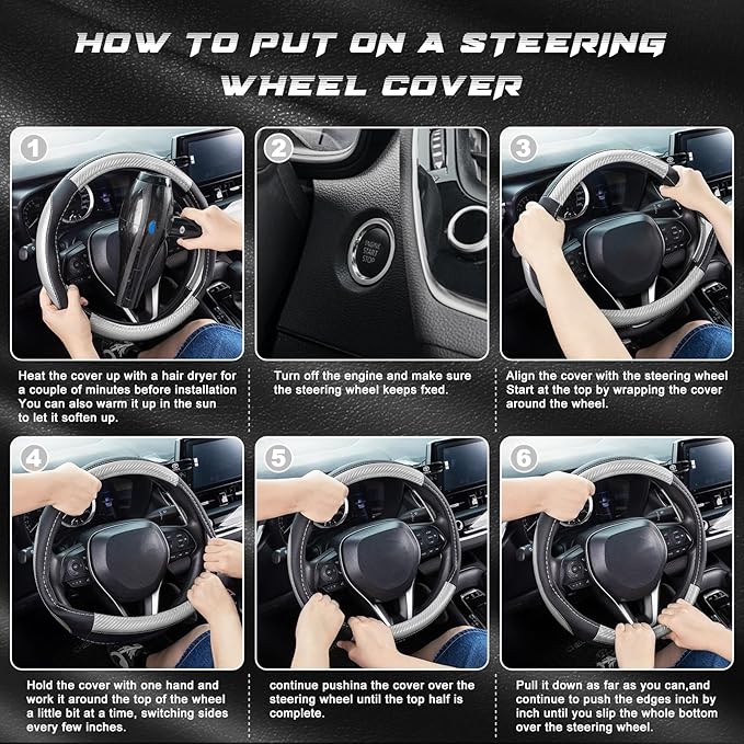 SEG Direct Car Steering Wheel Cover for F-150 Tundra Range Rover 15.5-16 inch, Auto Interior Accessories, Black with Sliver Carbon Fiber Pattern