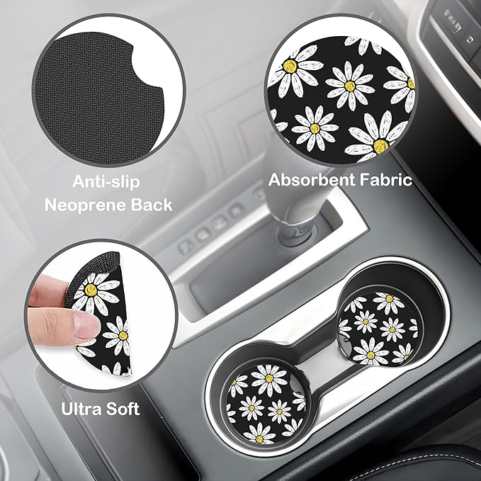 White Daisy Flowers Steering Wheel Cover with 2 Pcs Car Coasters Neoprene Steering Wheel Cover for Women Men Anti-Slip Breathable Car Accessories Universal 15 Inch Fit Auto Cars Trucks