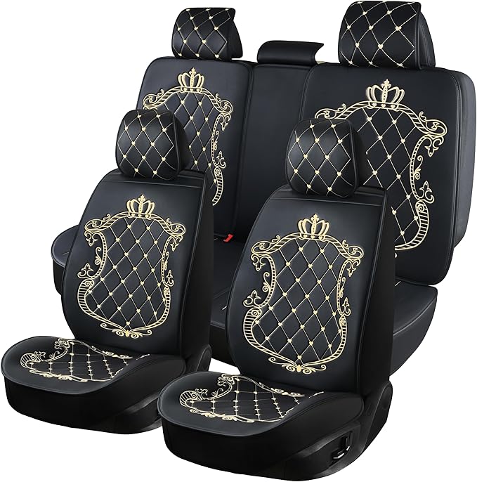 Skysep Crown Full Set Universal Fit 5 Seats Car Surrounded Waterproof Leather Car Seat Covers Protector Adjustable Removable Auto Seat Cushions with 2 Waist Pillows 2 Headrest Pillows (Black-Gold)