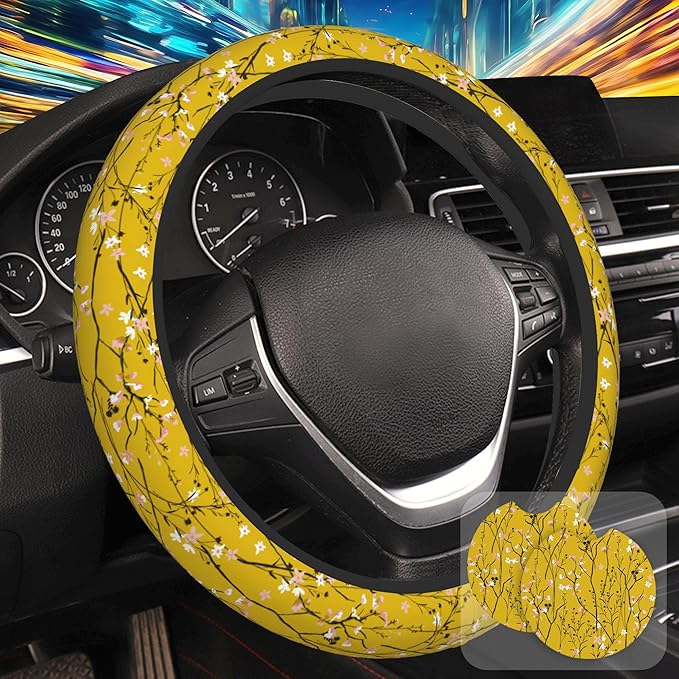 Yellow Botanical Floral Steering Wheel Cover for Women, Anti-Slip Car Steering Wheel Cover with 2 Pcs Cup Holders Neoprene Breathable Car Accessories Universal 15 Inch Auto Interior Decor
