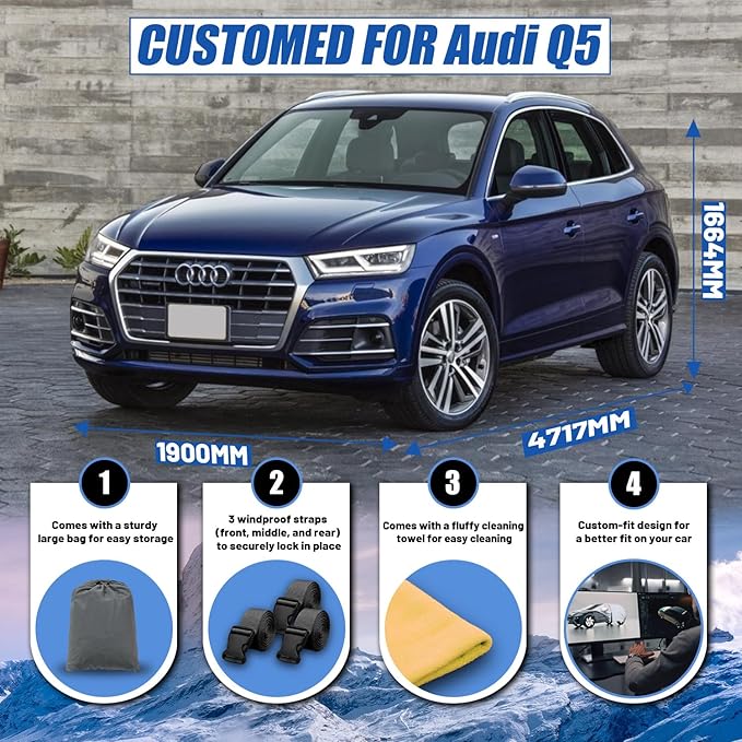 [2025 Upgrade] SUV Car Cover Custom Fit for Audi Q5/SQ5 (2009-2025), Waterproof All Weather for Automobiles Full Exterior Cover Rain Sun Snow UV Protector.