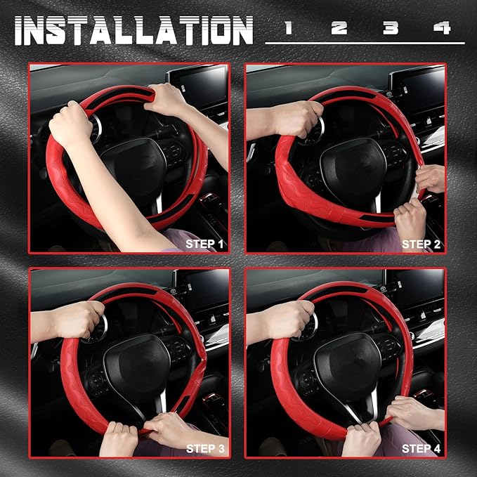 SEG Direct Car Steering Wheel Cover Medium Size 14 1/2"-15" Embossed Microfiber Leather with Carbon Fiber Pattern Red