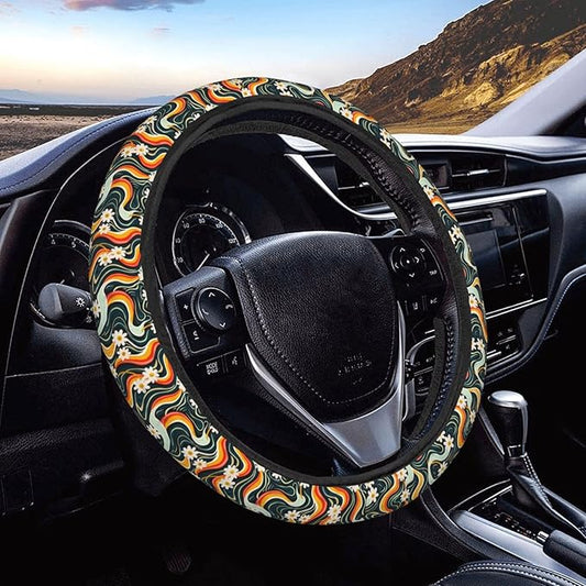 Groovey Waves Daisy Steering Wheel Covers Anti-Slip Elasticity Car Accessories Steering Wheel Protector Universal 15 Inch for Cars SUV Vehicle Truck