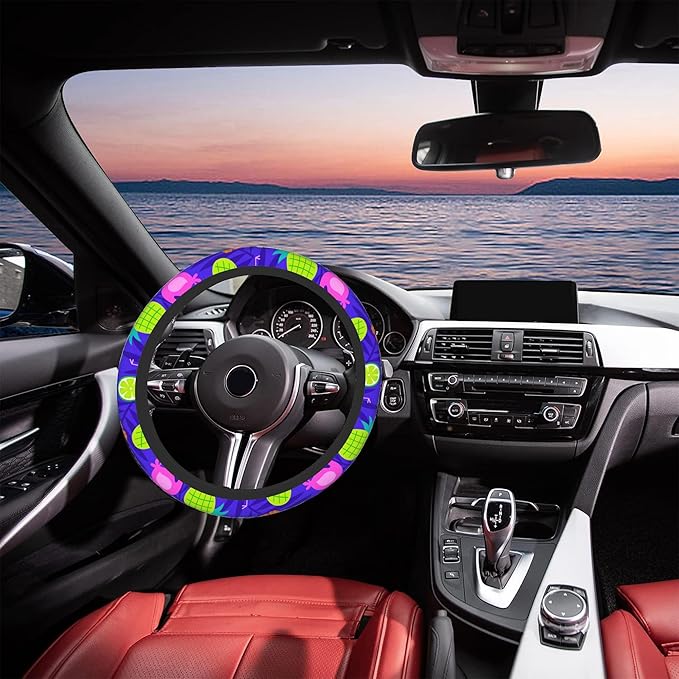 Tropical Flamingo Steering Wheel Covers Hibiscus Fruit Universal 15 Inch Car Wheel Cover,Anti-Slip Breathable Car Accessories Protector Fit for Trucks,Sedans,SUVs,Vans