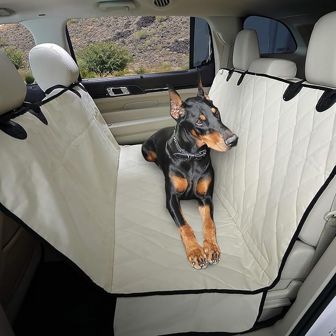 4Knines Dog Backseat Cover with Hammock for Cars, SUVs, and Trucks – Waterproof Layers, Nonslip Seat Protector, Durable Nylon Clips, K9 Shield with Heavy Duty Thread, (Regular, Tan)