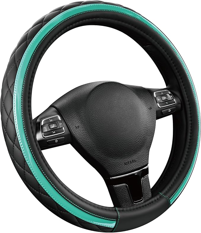 Road Comforts Leather Steering Wheel Cover – Black & Green Universal Fit 14.5-15 Inch, Microfiber Leather, Anti-Slip & Breathable Design for Men and Women