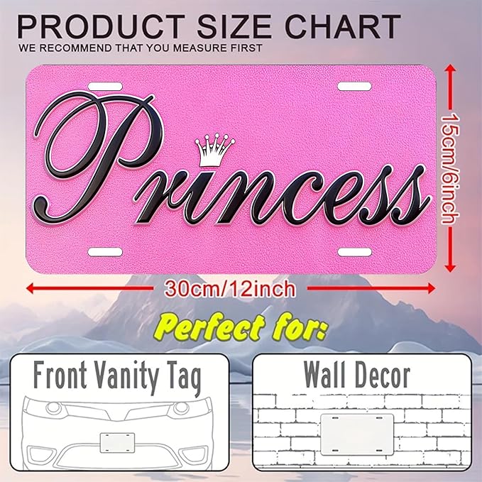 Princess. Front License Plate Aluminum Decorative License Plates Funny Metal Car Plate 6"X12" Novelty Vanity Tag Cover with 4 Holes Car Decor Accessory (LVCP25109021)
