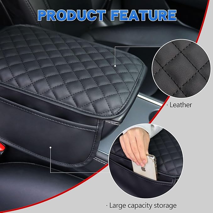 Upgraded Car Middle Center Console Cover with 2 Storage, Universal Microfiber Leather Car Armrest Cover Cushion for for Most Vehicles, Memory Foam Comfort Stylish Leather Scratch-Resistant, Thickened