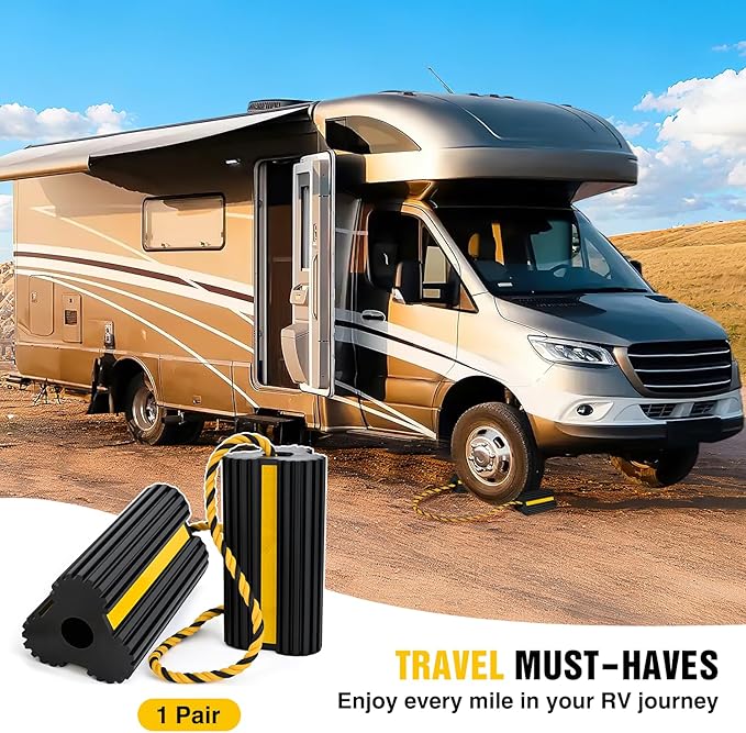 Nilight Wheel Chocks RV Car Heavy Duty Rubber Tire Chock Blocks Stopper Yellow Reflective Strips Stabilizer 2 Pack with Rope for RVs Cars Travel Trailers Campers Trucks Motorcycle Accessories Parking