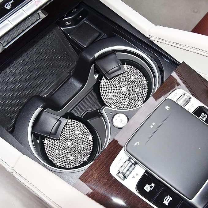 Amooca Car Cup Coaster Universal Non-Slip Cup Holders Bling Crystal Rhinestone Car Interior Accessories 2 Pack Black Whole Rhinestone