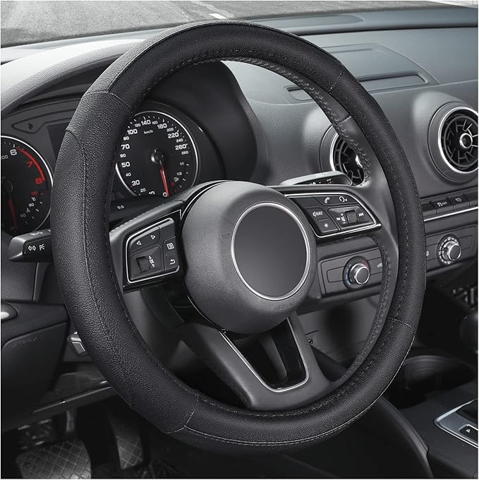 SEG Direct Car Steering Wheel Cover for Prius Civic Model 3 Model Y Camaro, Small Size 14-14.25 inch, Black Microfiber Leather