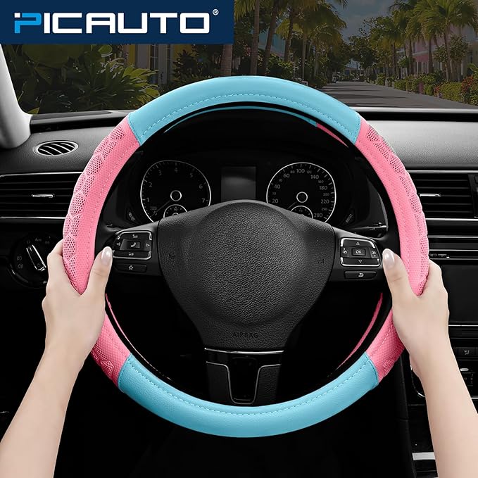 PIC AUTO Massage Steering Wheel Cover, Pink Football Pattern Material Spliced & Light Blue Leather Car Steering Wheel Cover, Car Steering Cover, Universal Fit 14.5"-15.5" for Cars, Trucks, Van, SUVs