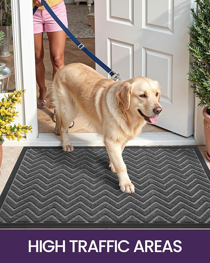 DEXI Front Door Mat Outside Entrance, Rubber Entry Doormat Heavy Duty, Welcome Mats Non Slip for Inside House Floor Entryway Back Doors Exterior Patio, 17x29, Chevron Dark Grey
