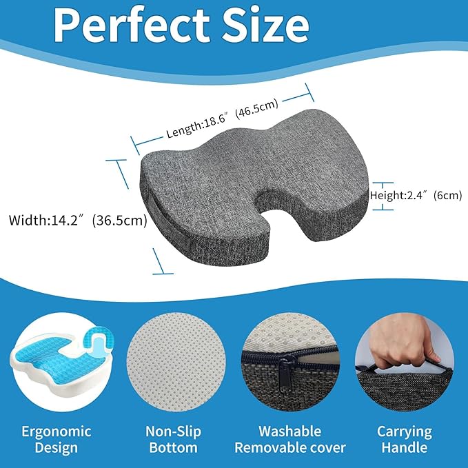 Gel Memory Foam Seat Cushion for Long Sitting with Removable Cover – Cooling Breathable Support for Tailbone, Coccyx, Sciatica, Back Pain Relief - for Office Chairs, Car Seat, Wheelchair (Blue)