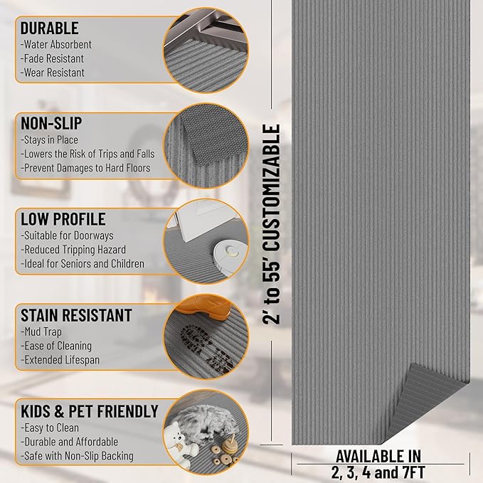Ottomanson 6'6" x 40' Hallway Runner with Scraper Pile - Extra Durable Non-Slip Rug Mat for Indoor & Outdoor Use - Ideal for Kitchen, Entryway & Garage - High-Traffic Carpet, Gray