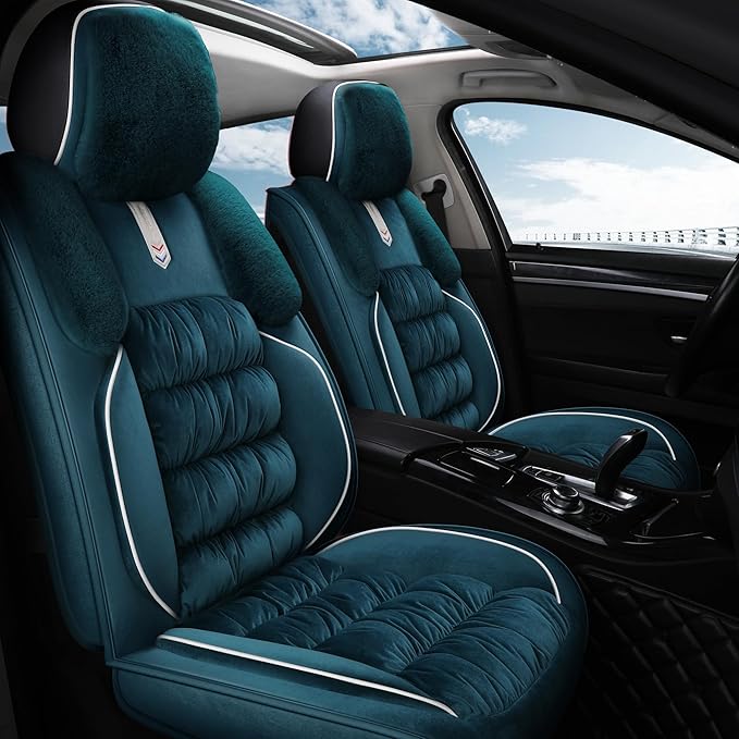 AOOG Fuzzy Leather Car Seat Covers Full Set, Heated Front Bench Back Cushion Protector for Cars SUV Trucks (Full Set,Green)