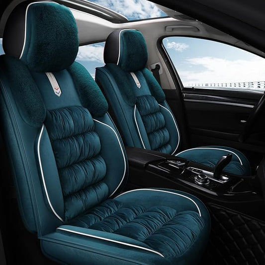 AOOG Fuzzy Leather Car Seat Covers Full Set, Heated Front Bench Back Cushion Protector for Cars SUV Trucks (Full Set,Green)