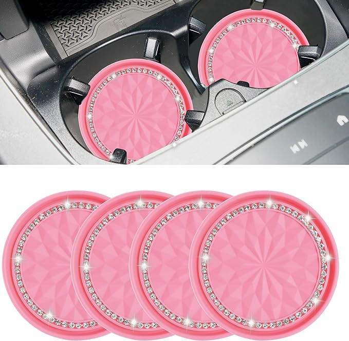 Amooca Car Cup Coaster 4 Pack Universal Non-Slip Cup Holders Insert Coasters Bling Crystal Rhinestone Car Interior Accessories Peach Pink Flower