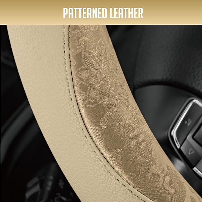 PIC AUTO Steering Wheel Cover, Gold Patterned Leather Patchwork Design, Universal Fit 14.5"–15.5", Anti-Slip, Odor-Free, Soft PU Grain Leather, Durable Grip Car Accessory for Girls & Women