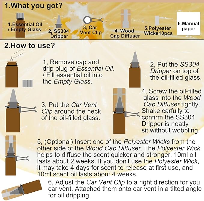 2-set Refillable Lemon Car Scent 60 Days’ Odor Fighting Non-toxic Strong Natural Fragrance, Vent Clip Wood Diffuser & Pure Essential Oils Auto Air Freshener (2x Beech Diffuser + 2x20ml Oil)