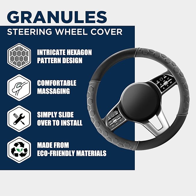 PIC AUTO Massage Steering Wheel Cover, Gray Football Pattern Material Spliced Leather Car Steering Wheel Protector, Car Interior Accessories, Universal Fit 14.5"-15.5" for Cars, Trucks, Van, SUV