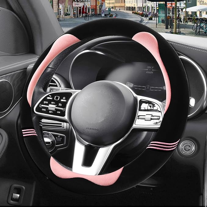 14 inch Furry Cute Steering Wheel Cover, Soft Fluffy Short Plush Auto Accessories, Non-Slip Cold-Proof Sweat-Proof Colorfast(Black with Pink)