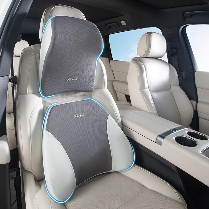 FLORICH Lumbar Support and Car Neck Pillow, Back Support and Headrest Pillow for Car Seat Driver, Memory Foam Back Neck Support Pillow and Car Seat Lumbar Support for Car Office Chair - Grey