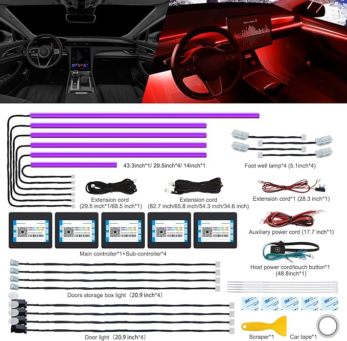 Acrylic Interior LED Strip Light With Wireless APP, RGB 18 in 1 With 175 Inches 600 LEDs Fiber Optic Ambient Lighting Kits for Car, 16 Million Colors Sound Active Function