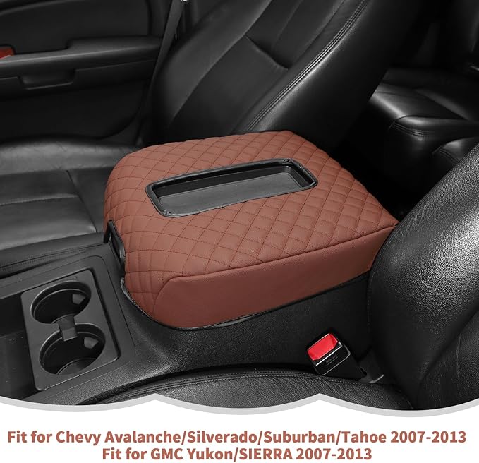 RT-TCZ Center Console Armrest Box Pad Cover Leather for Chevy Avalanche/Silverado/Suburban/Tahoe 2007-2013,for GMC Yukon/Sierra 2007-2013 (Brown)