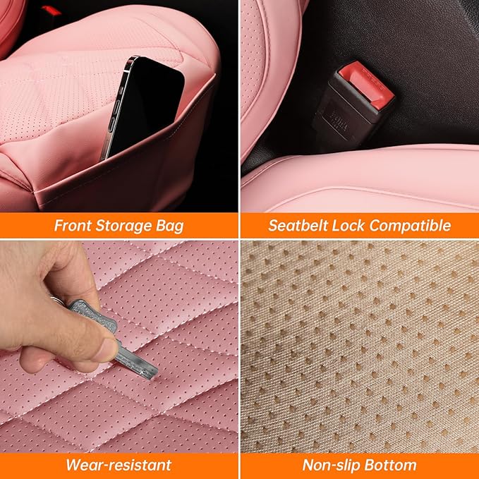 Pink Leather Car Seat Covers Front Seats, Luxury Automotive Seat Covers with Lumbar Support, Waterproof Pink Car Accessories Seat Protector Universal Fit for Most Cars Trucks Pick-ups SUVs