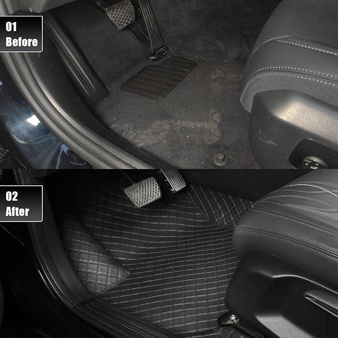 EKR Custom Floor Mats for Tesla Model 3 2024-2025, Front & 2nd Row Luxury Car Floor Mat Fit Model 3 2024 2025 - Leatherette Floor Liners (Black and Black Stitching)