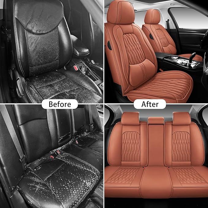 WELLDO Car Seat Covers Full Set, Premium Nappa Leather Seat Covers for Car, Waterproof Car Seat Protector with Lumbar Support, Automotive Seat Covers Universal Fit for Most Cars SUV Truck, Brown