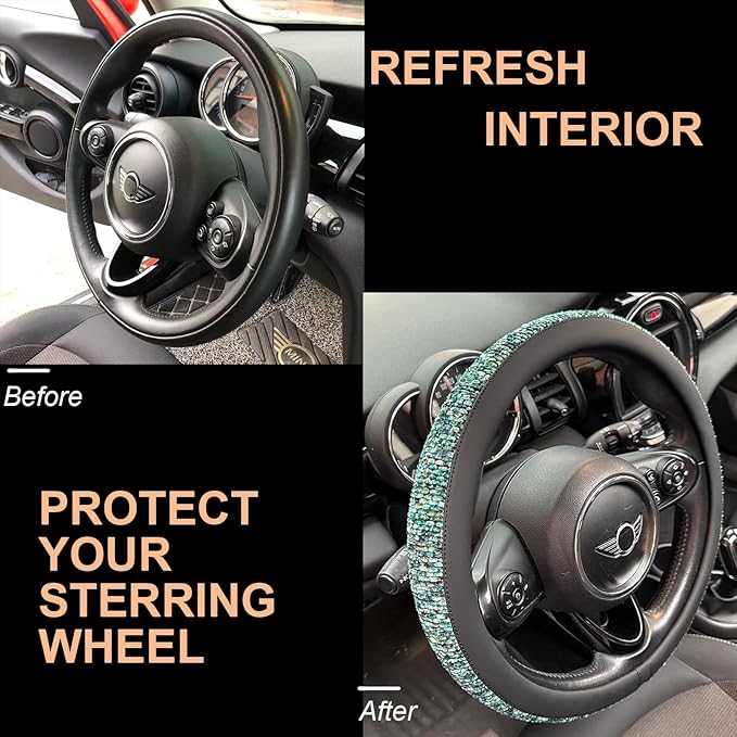 PINCTROT Chenille Leather Steering Wheel Cover, Soft Mottled Colors, Sweat-Proof, Non-Slip Grip, All-Season Comfort, Universal 14.5-15 Inch(Mottled Teal)