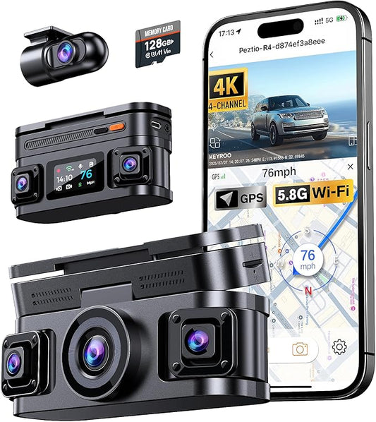 360° View 4K 4 Channel Dash Cam Front and Rear Inside Left Right, Built-in GPS, 5.8GHz WiFi, Car Dash Camera for Cars with App Connect, Support Parking Mode, G-Sensor, Free 128GB Card