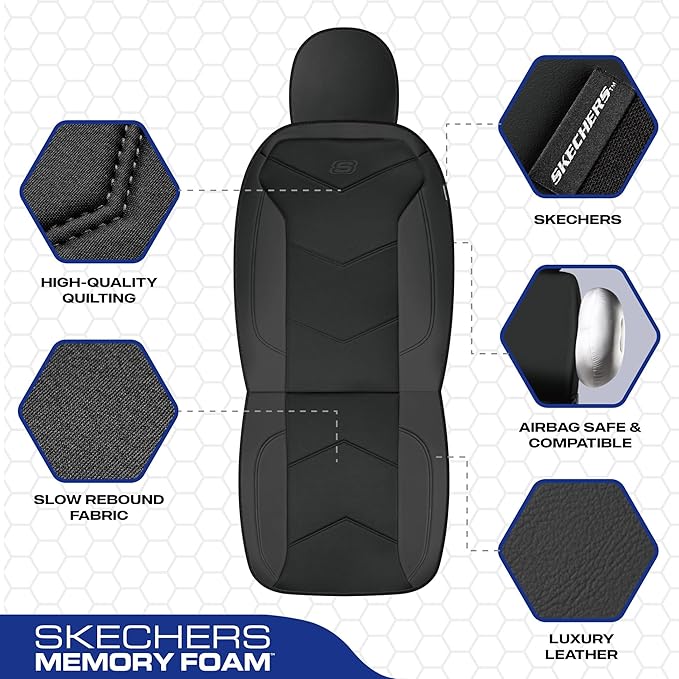 Skechers Memory Foam Seat Covers,Leather Car Seat Covers, Ultimate Comfort & Support Seat CoversFull Sets,Airbag Compatible, Automotive Universal Fit Most for SUVs, Vans, Sedans, Cars, Trucks,Black