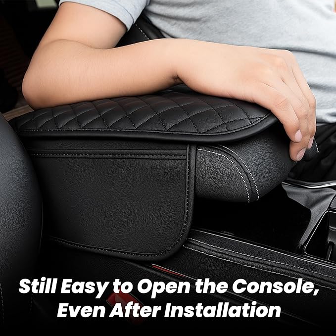 DS Extended Car Center Console Cover with 2 Storage, Microfiber Leather Car Armrest Cover Cushion for SUV Truck, Universal Car Accessories Memory Foam Comfort Stylish Leather Design (Black Longer)