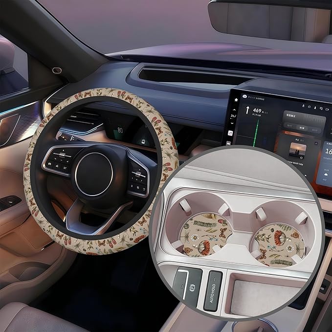 Woodland Fern Mushroom Steering Wheel Cover for Women, Anti-Slip Car Steering Wheel Cover with 2 Pcs Cup Holders Neoprene Breathable Car Accessories Universal 15 Inch Auto Interior Decor