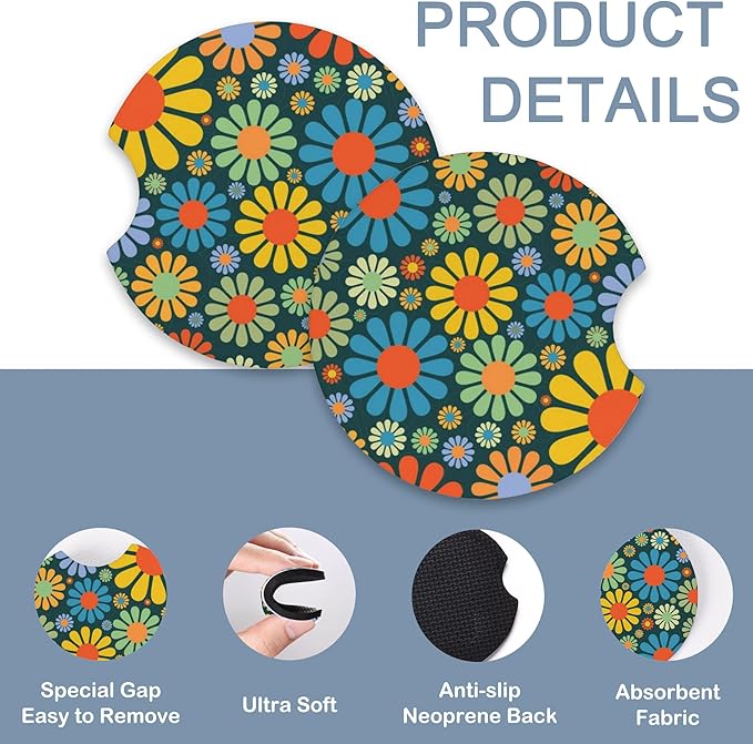 Vintage Groovy Boho Floral Car Steering Wheel Cover for Women Men with 2 Pcs Car Coasters,Universal 15 Inch Steering Wheel Covers Anti-Slip and Practical Auto Accessories Fit Auto,Suvs