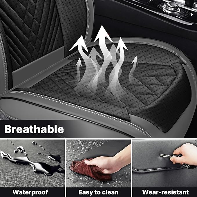 Car Seat Cover Full Coverage Seat Cover Premium Waterproof Faux Leather Cushion Universal Accessories Fit SUV Sedan Automotive Vehicle Auto Interior Seat Protector Full Set(2 Seat-Headrest,Black&Gray)