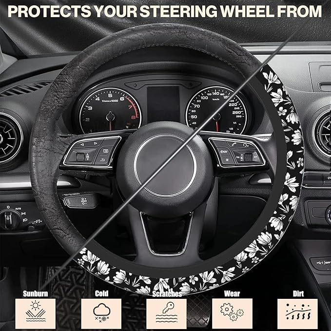 Small Flowers Steering Wheel Cover, White and Black Floral Elastic Non-Slip Steering Wheel Protector,Auto Interior Decor for Women Girls,Universal 15" Fit for Sedans,Trucks