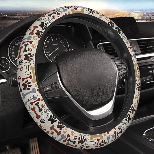 Paw Prints Steering Wheel Cover for Women Men, 15 Inches Brown Dog Cat Paw Neoprene Anti-Slip Cute Universal Car Steering Wheel Grip Wrap Car Accessories Protective Case Cover for Vehicle Truck SUV