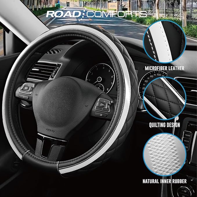 Road Comforts Leather Steering Wheel Cover – Black & Silver, Universal Fit 14.5-15 Inch, Microfiber Leather, Anti-Slip & Breathable Design for Men and Women