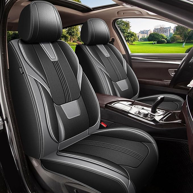 AOMSAZTO Seat Covers 2 Front Set for Chevrolet Chevy Malibu 2009-2025 2026: Faux Leather Car Seat Cover Soft Comfortable Durable Breathable Waterproof (2 Seats, Black&Grey)