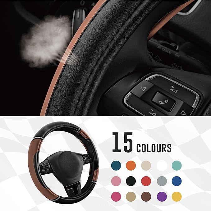Road Comforts Leather Steering Wheel Cover - Made with PVC Leather - Anti-Slip, Universal Fit 14 1/2 inches to 15 inches - Brown