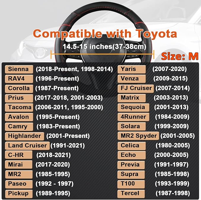 GIANT PANDA Steering Wheel Cover for Toyota, Auto Car Steering Wheel Cover for Toyota Highlander 4Runner Tacoma Corolla Camry - Black+Red Trim